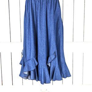 Vintage blue ruffle flowy long denim jean skirt